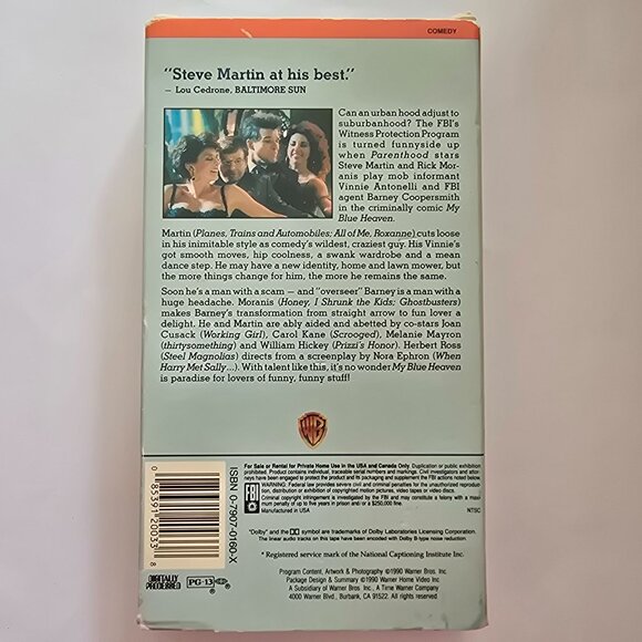 My Blue Heaven VHS Comedy Starring Steve Martin & Rick Moranis Warner Bros 1990 - Picture 5 of 12